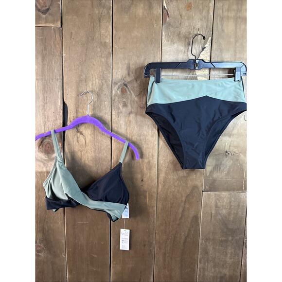 Cupshe Black & Eucalyptus Wrapped Bikini Top & High-Waisted Bottoms Set, Small - Picture 1 of 5